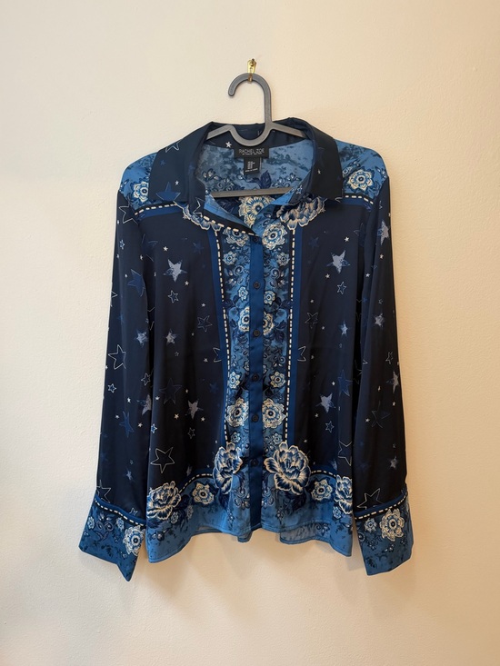 Rachel Zoe Tops - Rachel Zoe Navy and Light Blue Floral Star-Print Button Down Blouse